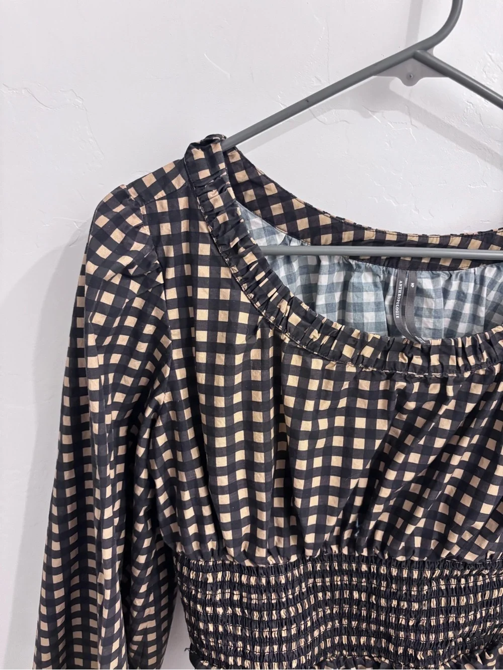 Anthropologie Smoked Waist Plaid Peasant Blouse - Black & Cream
